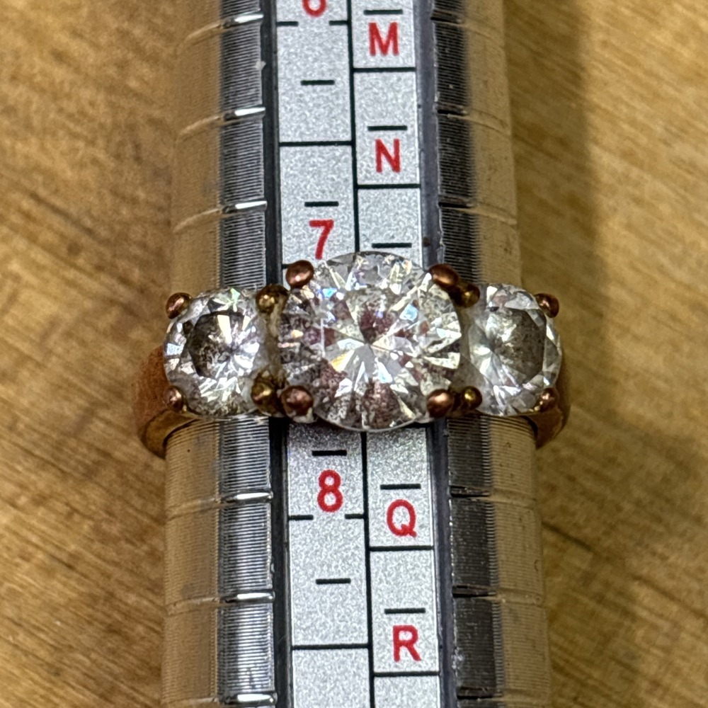 Vintage 18K GE CZ Three Stone Cocktail Ring Size 7.5 Brass Tone Statement